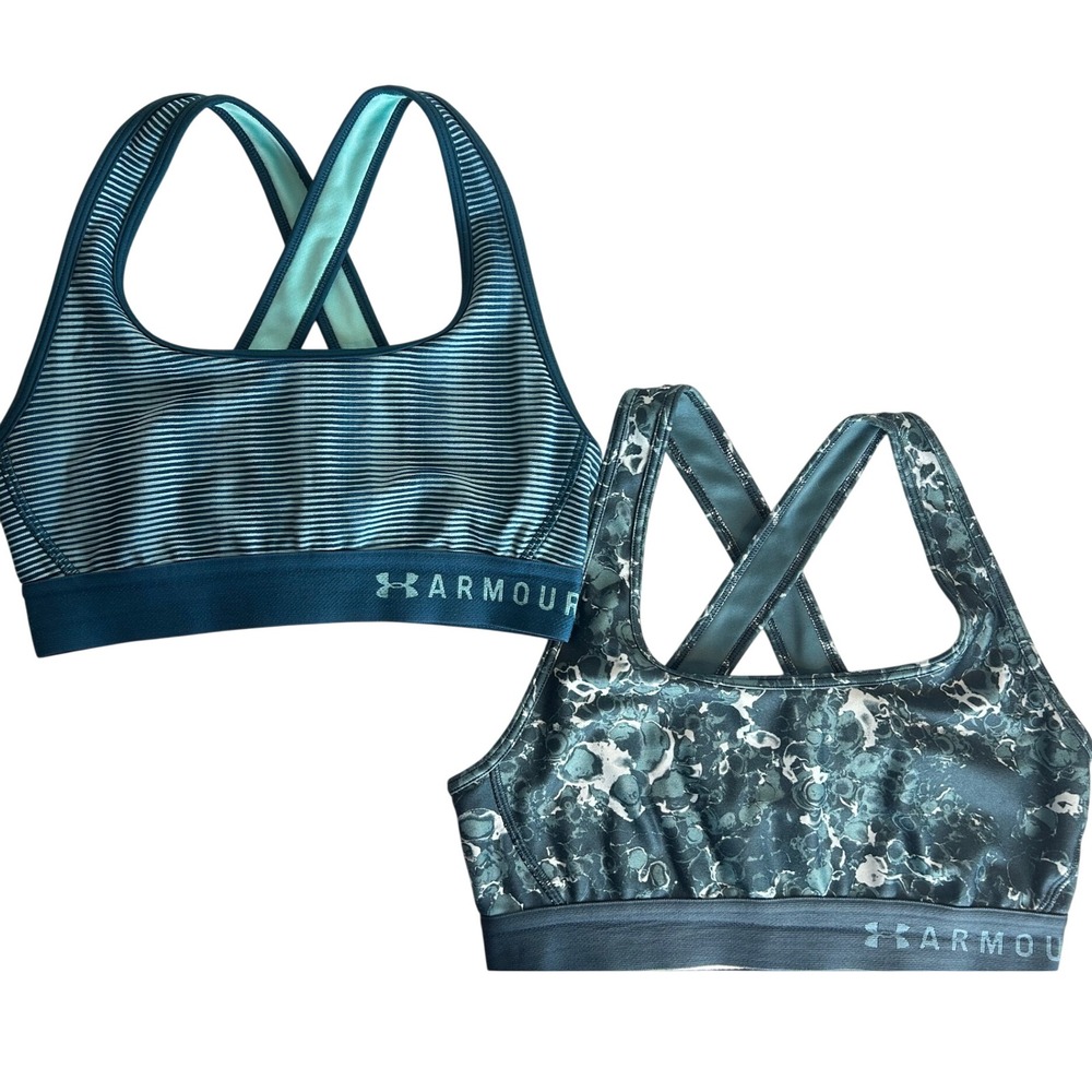 Under Armour Sports Bra Set Teal Blue Striped Marble Compression Womens S/XS
